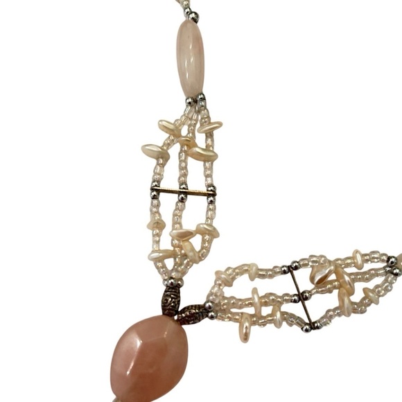 Vintage LdadPR faceted pink quartz pendant pale pink pearlized beads extender - Picture 2 of 6